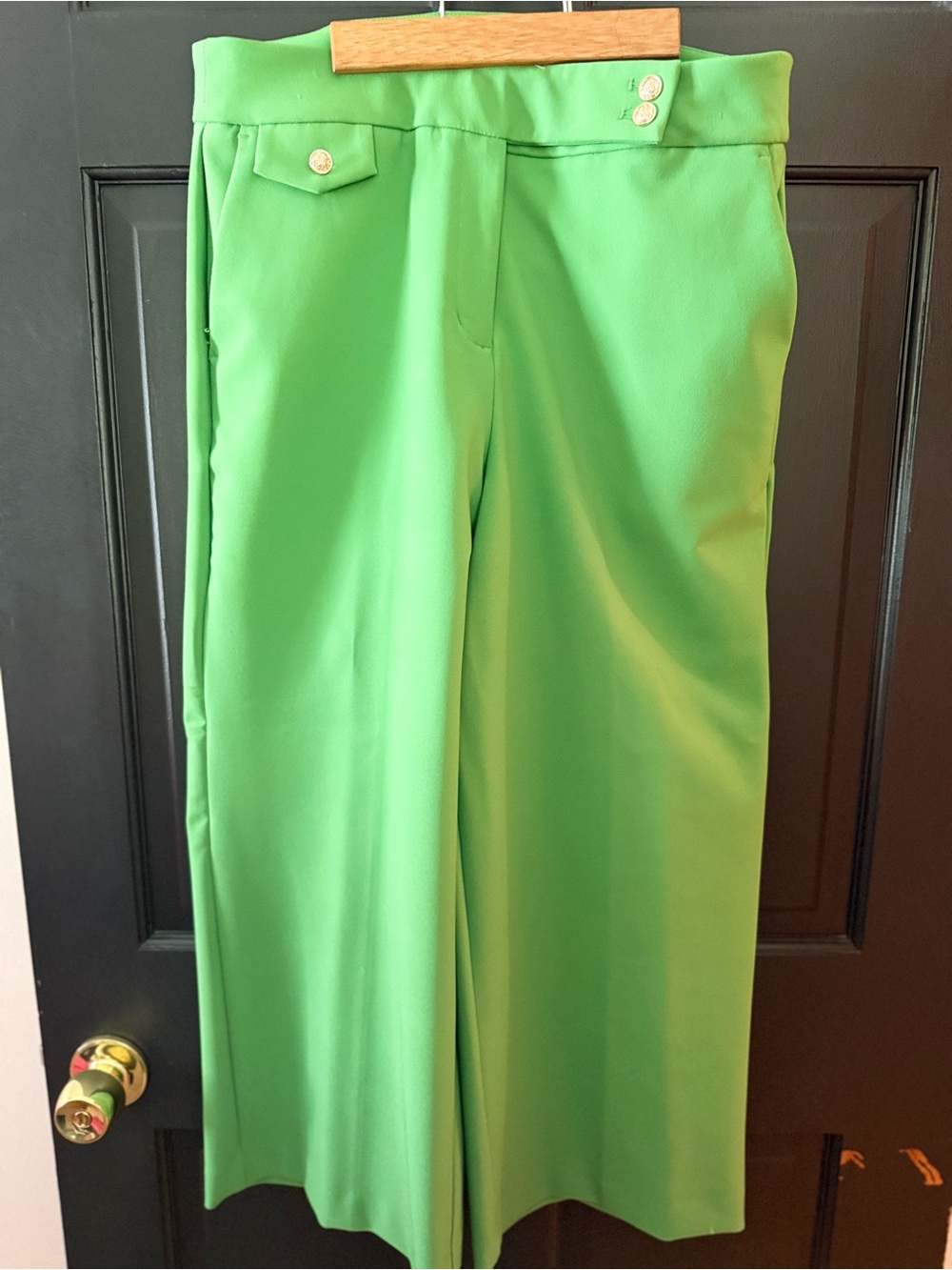 Rachel Zoe Bright Green Wide-Leg ankle length slacks with Button Accent